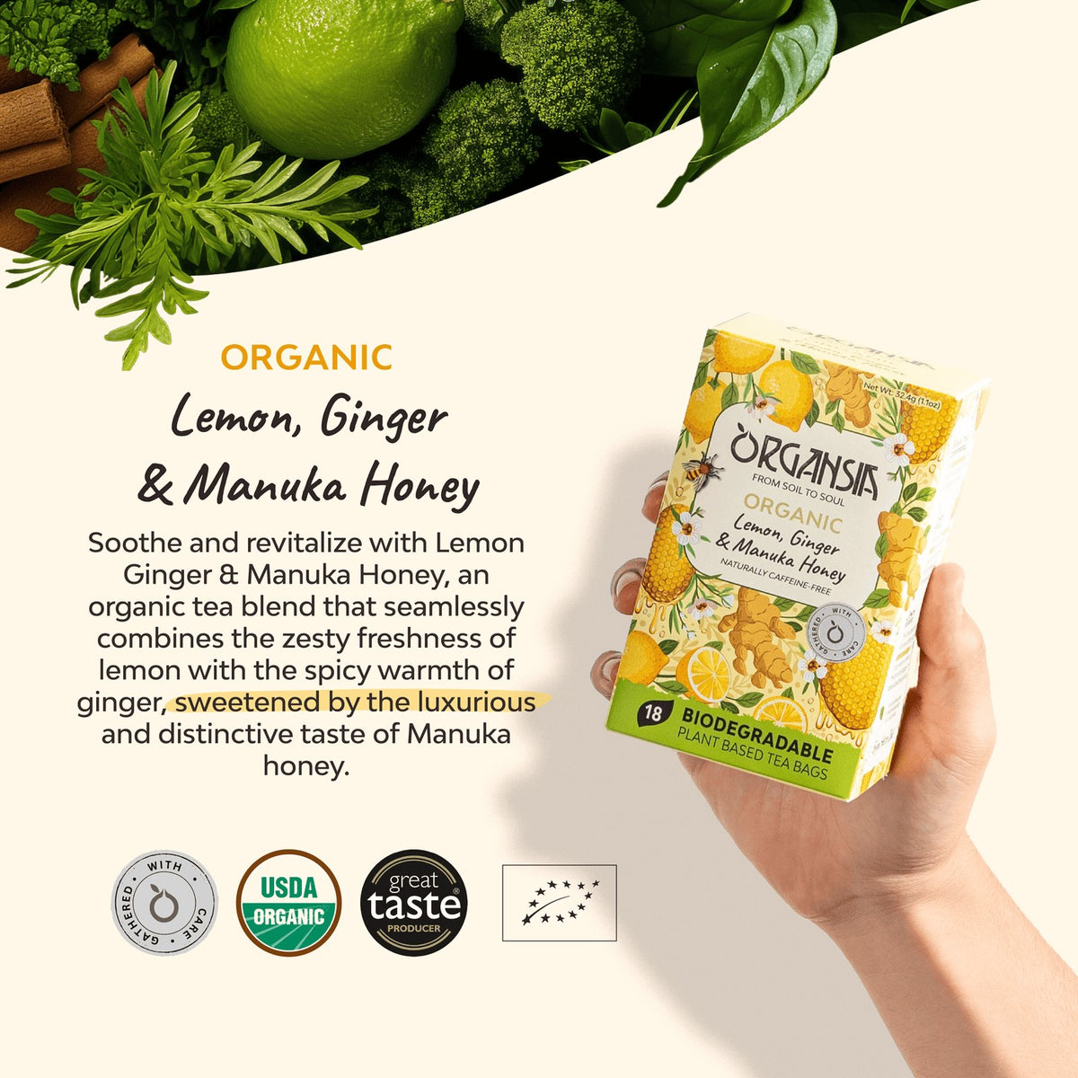 Organsia Citrom, gyömbér és manuka méz bio tea 32 g (18 filter)