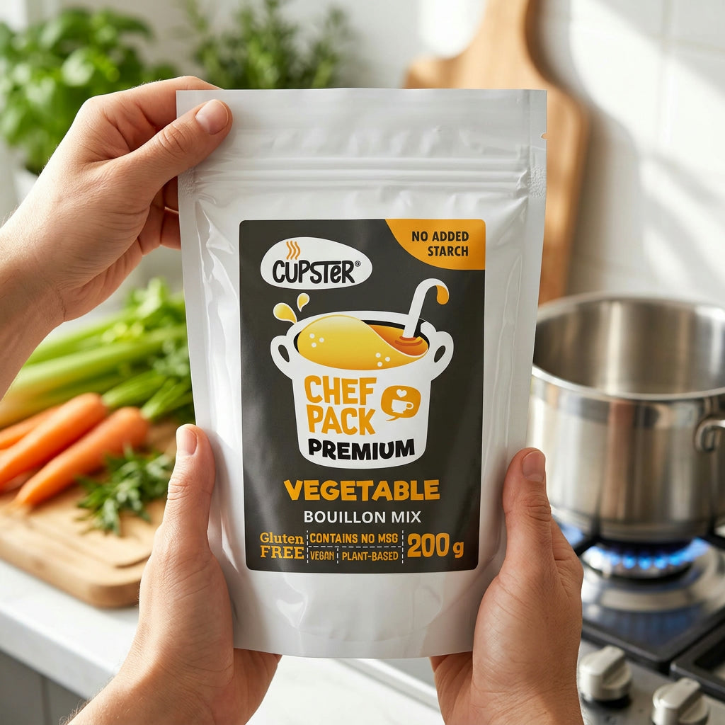 Kéz egy Chef-Pack Premium zöldséges ételízesítő tasakot tart a konyhában
