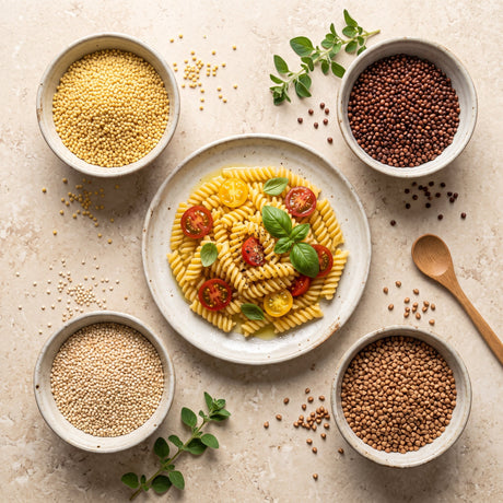 Köles, cirok, hajdina és quinoa tálkákban egy tányér gluténmentes orsótészta körül